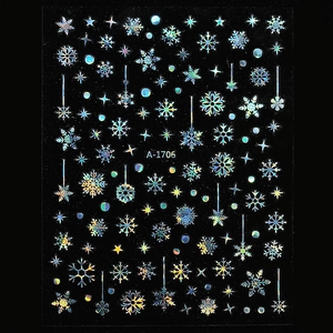 Detailed holographic snowflake and star nail art stickers on a dark background