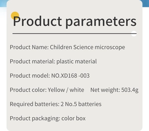 Detailed specifications for the children's science microscope showing dimensions and materials