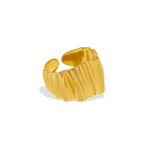 18K gold plated stainless steel open ring with unique wavy pleated texture on white background