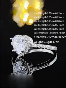 Detailed size guide with dimensions for elegant heart-shaped silver zircon rings