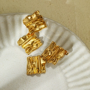 French style gold textured square earrings in titanium steel for women in 45-degree view