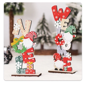 Christmas wooden tabletop decor with Noel and Welcome lettering and festive gnome designs