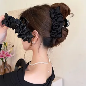 Grande Pince À Cheveux Noire Satin Plissé Élégante Style Français Vintage Pince Crabe Pour Femmes Coiffure Cheveux Épais