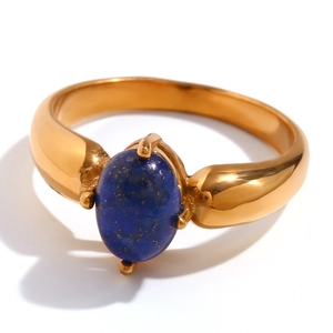 Minimalist 18K gold plated stainless steel ring with oval blue lapis lazuli stone