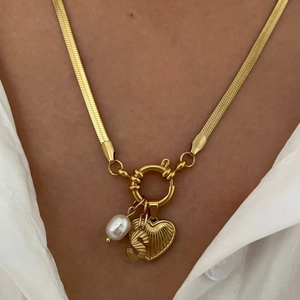 Gold stainless steel heart and pearl necklace with S pendant on flat snake chain