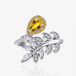 925 Sterling Silver Leaf Ring For Women Yellow Pear Shaped Zirconia Water Drop Branch Ring Elegant Fine Jewelry Wedding Party Gift