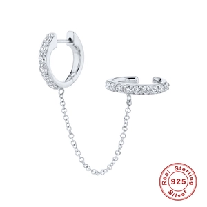 S925 sterling silver hoop earrings with dangling chain and cubic zirconia ear cuff