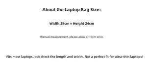 Size specifications chart for laptop bag showing dimensions 28x24cm and fit details