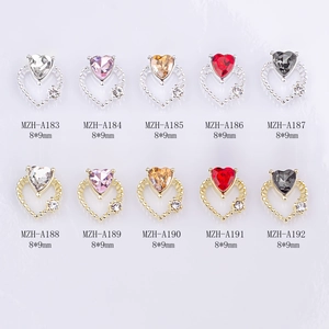 3D hollow heart nail art charms with colorful rhinestones in gold and silver alloy