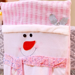 Pink sequin snowman chair cover with white faux fur trim for Christmas dining decor