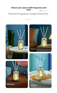 Detail of luxury reed diffuser set in various home settings like bedroom and bathroom