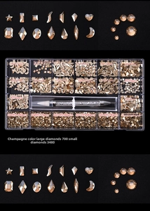 Detail of 21-grid champagne nail art rhinestones with multi-shape crystals and dotting pen