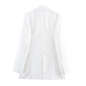 Rear view of a white double-breasted blazer for women with classic shoulder pads and seam