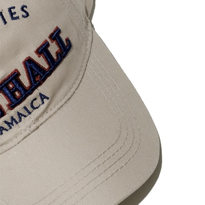 Macro detail of high-quality cotton twill baseball cap with vintage Jamaica embroidery