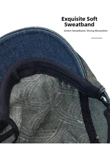 Detail of soft cotton sweatband inside the washed denim beret for breathability