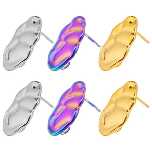 Detailed view of irregular lava style stainless steel stud earrings in silver, gold, and iridescent