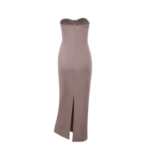 Detail of slim fit knitted tube dress showing back slit and vertical seam stitch