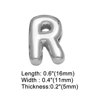 Polished silver metal letter R charm for DIY bracelets with detailed dimensions