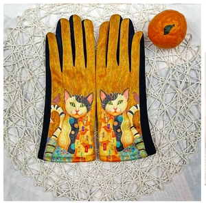 Artistic oil painting style suede gloves with touch screen function and cat print