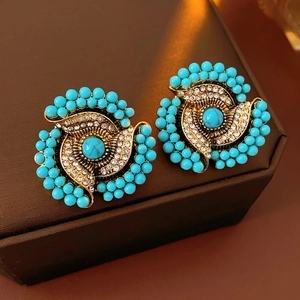 Vintage Flower Stud Earrings With Turquoise Rhinestone And Silver Earring Post Bohemian Ethnic Style Jewelry For Women