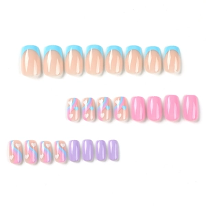 24pcs short square press-on nails with blue French tips, pink, purple and heart patterns