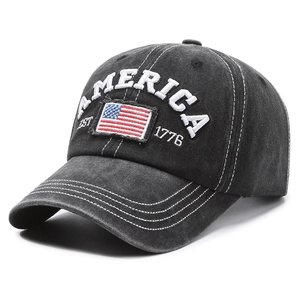 Vintage black washed cotton baseball cap with America embroidery and flag patch