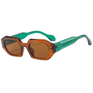 Vintage irregular square sunglasses with brown translucent frames and green temples