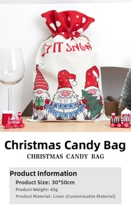 Linnen Kerst cadeauzak met drie gnooms, trekkoord sluiting, afmeting 30x50cm en 45g