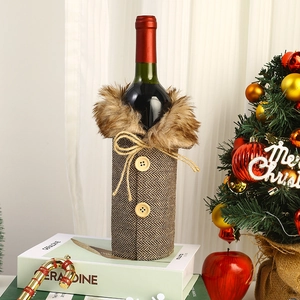 Christmas wine bottle cover with brown herringbone fabric, faux fur collar, and wood buttons