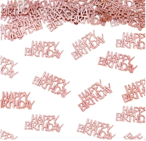 Close-up of rose gold glitter Happy Birthday confetti scattered on a white surface