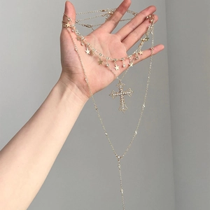 Retro Alloy Rhinestone Layered Necklace With Cross Pendant And Star Charms Long Tassel Boho Style For Women