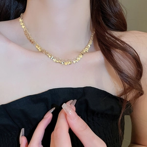 Elegant gold metal sequin choker necklace for women with geometric disk charms