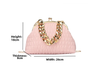 Detailed size chart of pink pleated cloud bag with gold chain and dimensions labeled