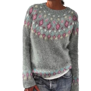 Detail of colorful geometric patterns on grey knit sweater collar and sleeve cuffs