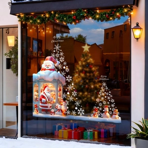 Christmas Window Stickers Static Cling Reusable PVC Santa Snowman Snowflake Decals For Shop Glass Vivid Holiday Decor