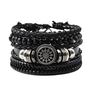 Men's multilayered black leather bracelet set featuring sunflower metal charm and wood beads