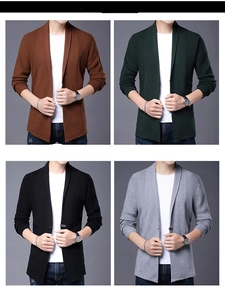 Detail showing knit textures in brown, dark green, black, and grey men's cardigans