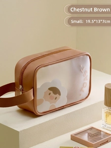 Chestnut brown waterproof PU leather cosmetic bag with cute cartoon cloud toast print