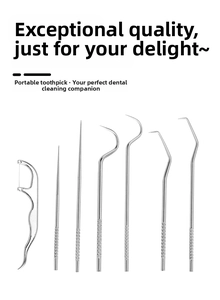 Detailed close-up of 7-piece stainless steel dental pick set with non-slip handles