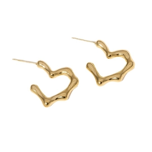 Golden irregular liquid heart-shaped stainless steel stud earrings on white background