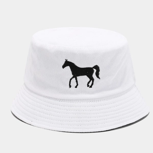 Detailed view of horse silhouette embroidery on white cotton twill bucket hat