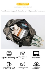 Internal view of a dark grey fitness bag showing its large capacity and storage compartments