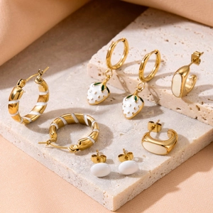 Stainless Steel Earrings Women French Vintage Enamel Strawberry Pendant Mini Bean Waterdrop Hoop Studs Elegant Jewelry