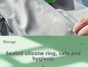 Detail of grey storage pouch featuring a waterproof zipper and green silicone seal ring