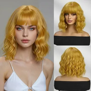 Detail view of blonde bob wig with bangs showing soft wavy texture and layered curls