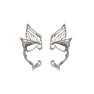 Silver butterfly elf ear cuff earrings with sleek metallic wing design and minimalist style