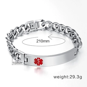 Dettaglio macro del bracciale medico da 210mm con simbolo Caduceo e chiusura in acciaio inox