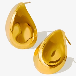 Macro detail of glossy 18k gold plated stainless steel teardrop earrings in golden finish