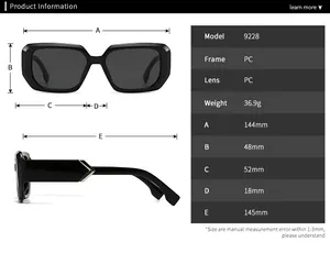 Detailed size chart for square sunglasses showing frame width, lens height, and model 9228