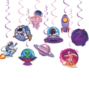 Space theme birthday party hanging decorations with astronauts, rockets and planets